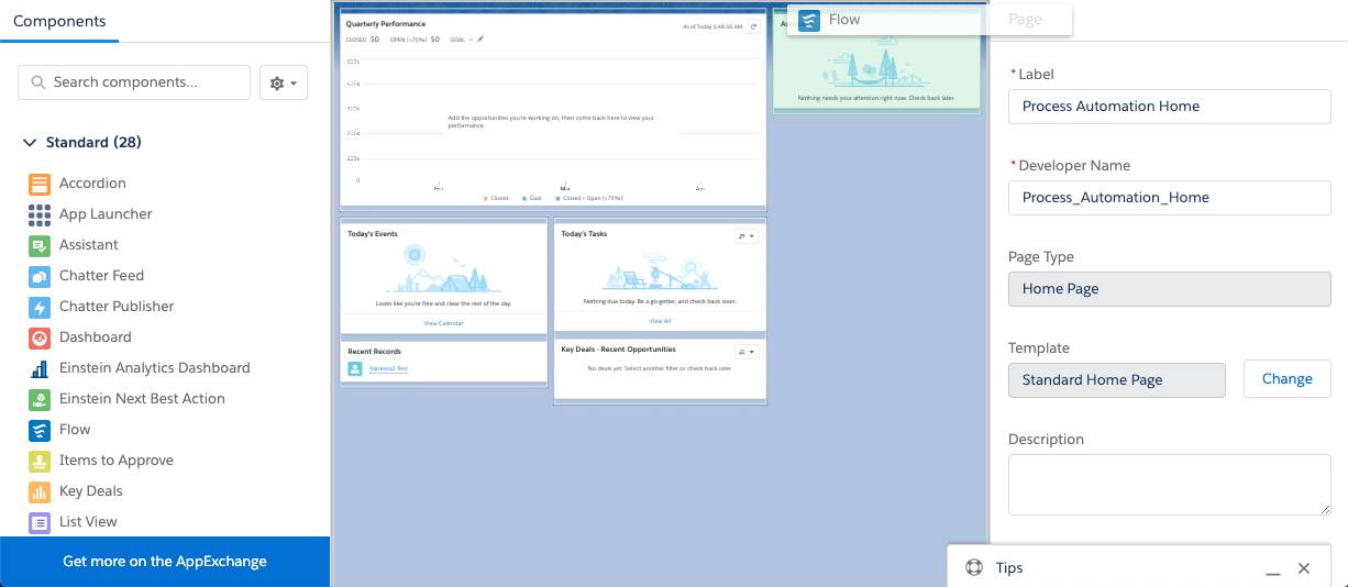 Dragging the Flow component onto a home page