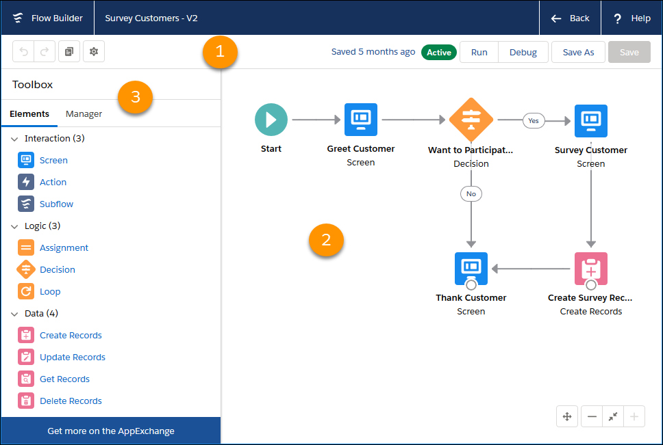 Flow Builder のユーザインターフェースのスクリーンショット。数字はツールボックス、キャンバス、ボタンバーを示しています。