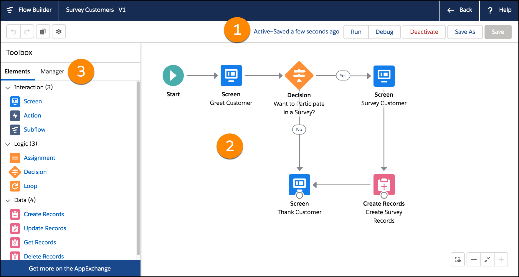 Flow Builder のユーザインターフェースのスクリーンショット。数字はツールボックス、キャンバス、ボタンバーを示しています。