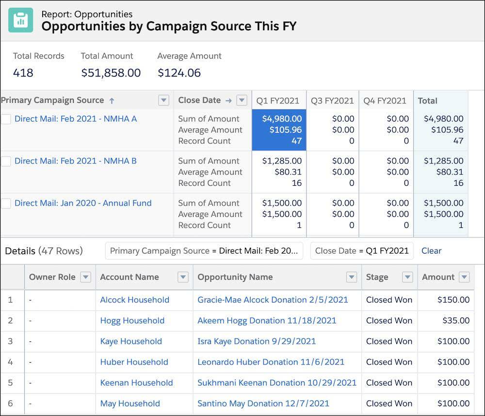 An Opportunities report type by campaign by quarter with details for one campaign in the first quarter