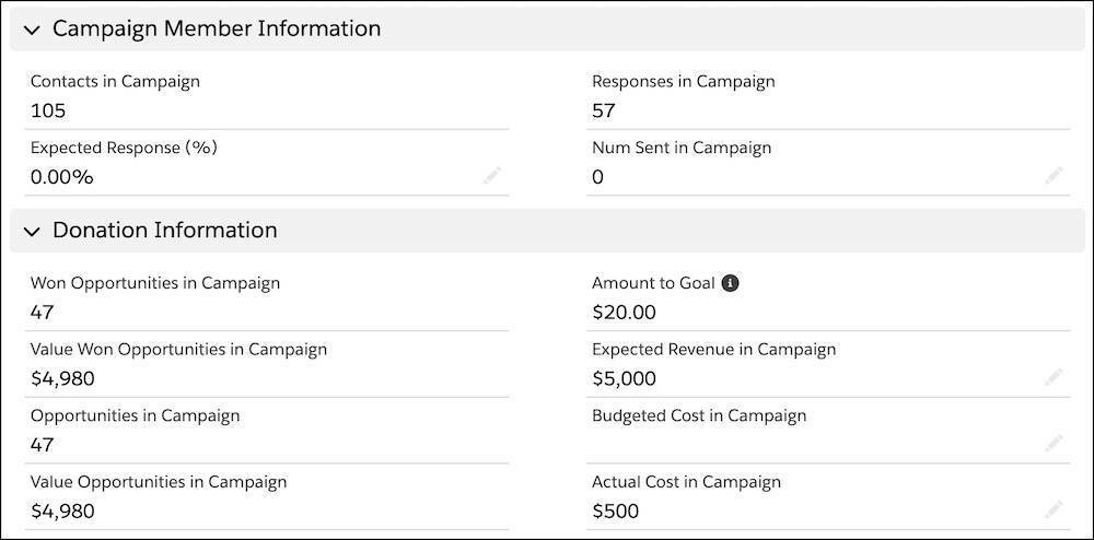 The Campaign Member Information and Donation Information sections and related fields