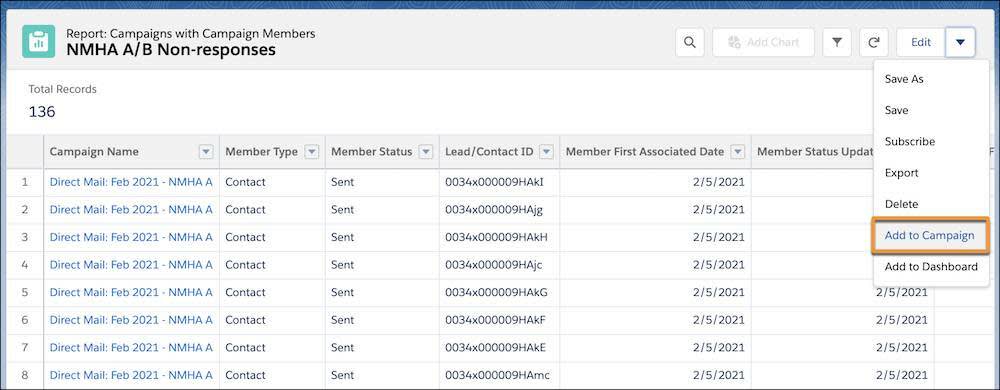 The Add to Campaign button on a Campaigns with Campaign Members report