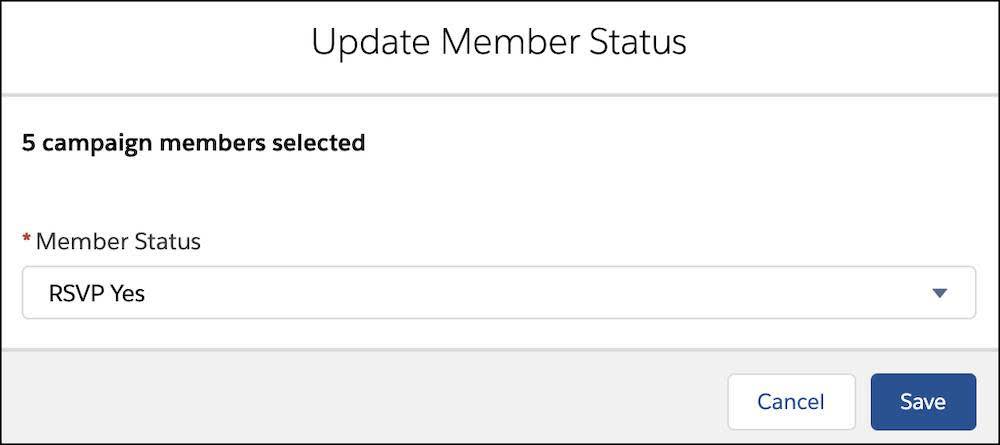 The Update Member Status window with a Member Status of RSVP Yes selected