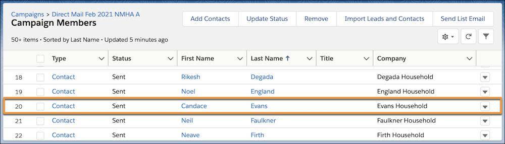 The Campaign Members list with Candace Evans’s record in Sent status highlighted