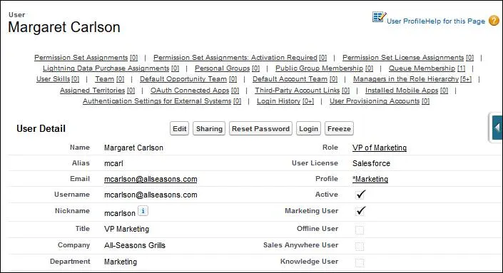 Casilla de verificación Usuario de marketing en la página de detalles de usuario