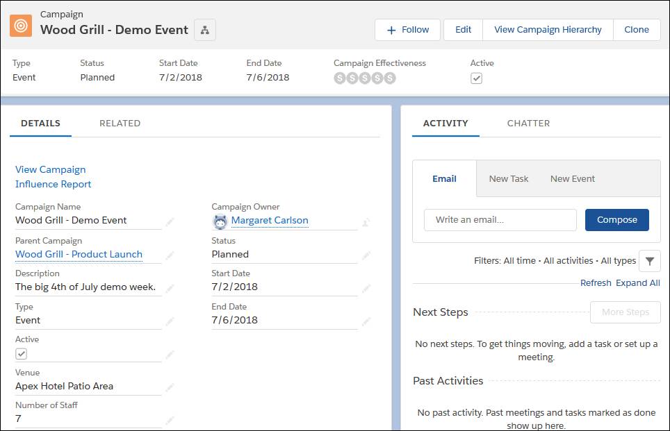 Margaret’s demo event record type with its Venue and Number of Staff fields.