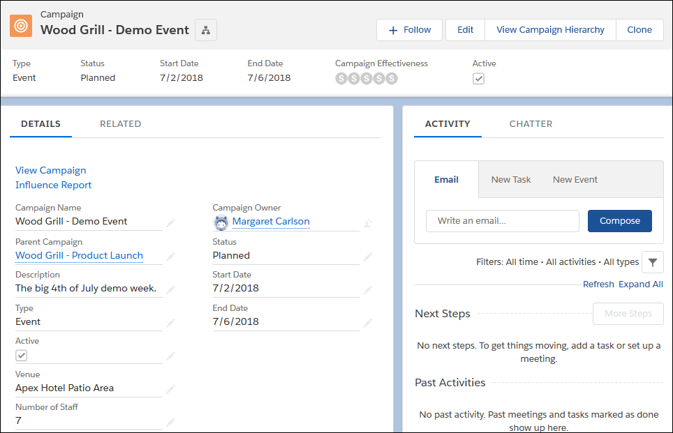 Margaret’s demo event record type with its Venue and Number of Staff fields.