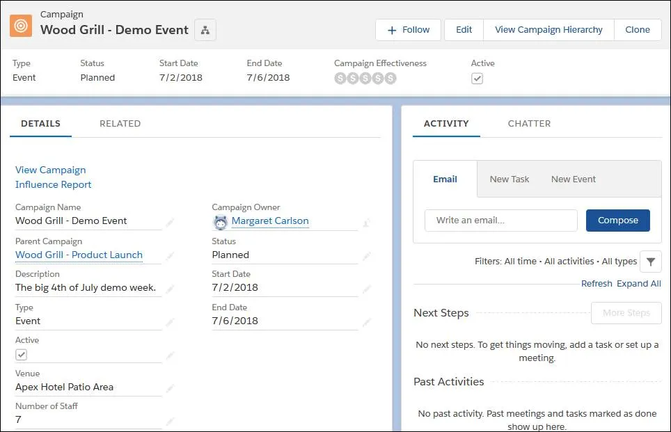 Margaret’s demo event record type with its Venue and Number of Staff fields.