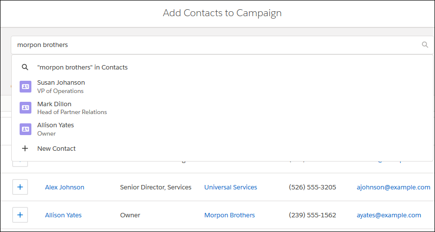 When adding contacts from the Campaign Members related list, Margaret can search for contacts by account.