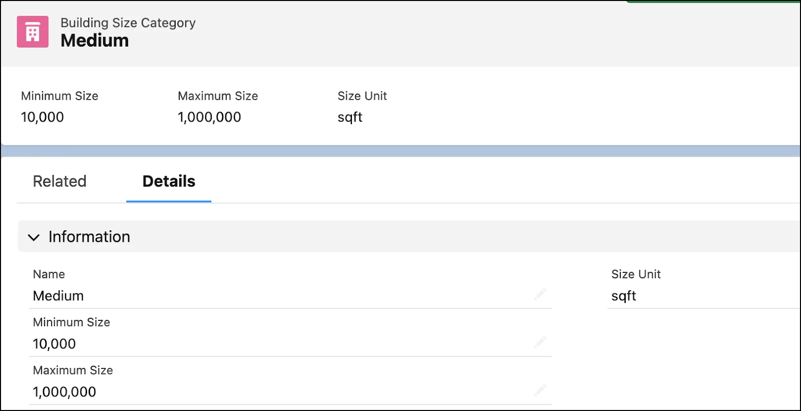 A Building Size Category record.