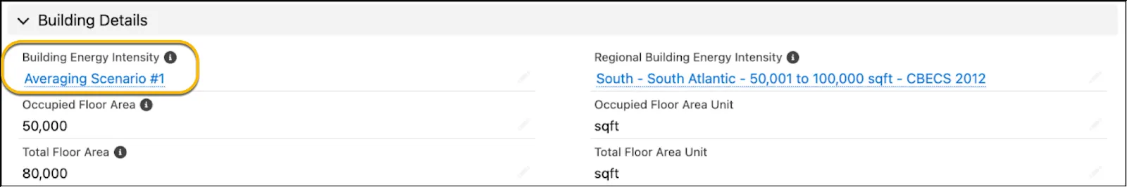 The Building Details section with the Building Energy Intensity field highlighted.