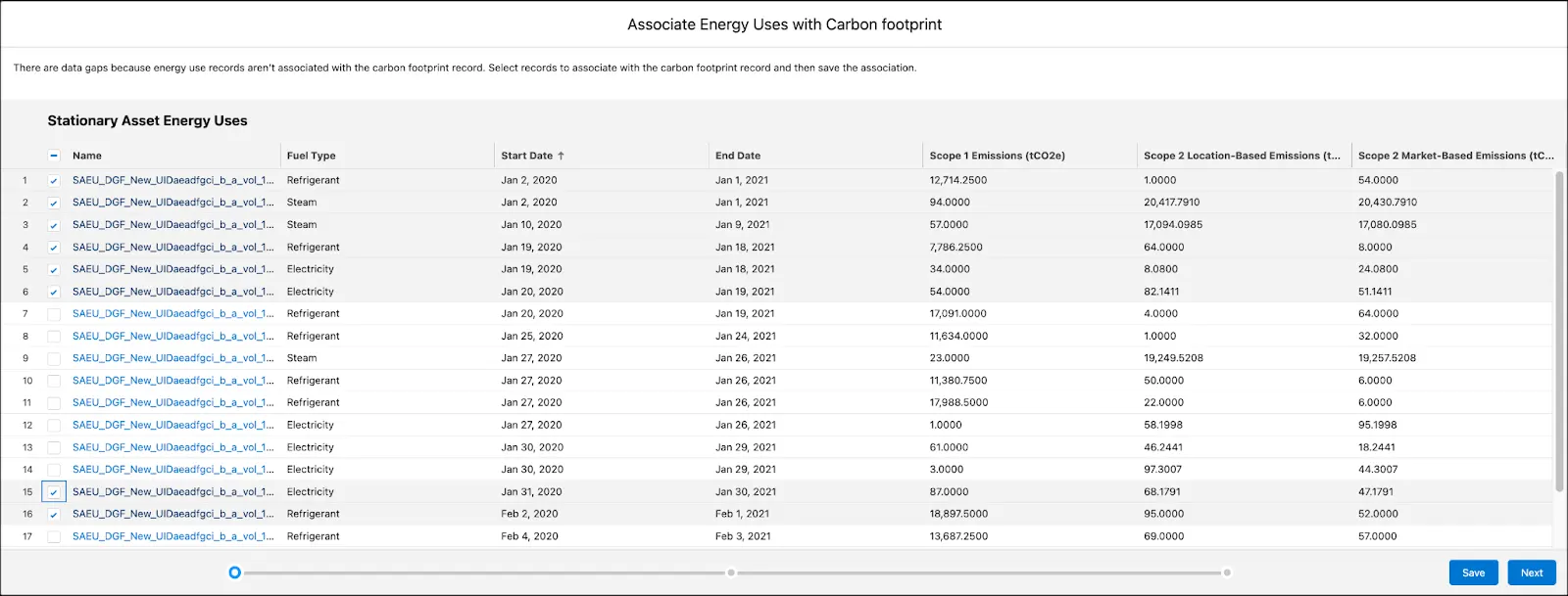 The Associate Energy Uses with Carbon footprint window showing a list of unassociated energy use records.