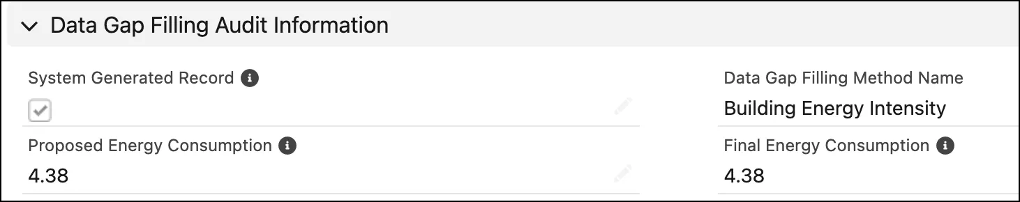 The Data Gap Filling Audit Information section on an energy use record.