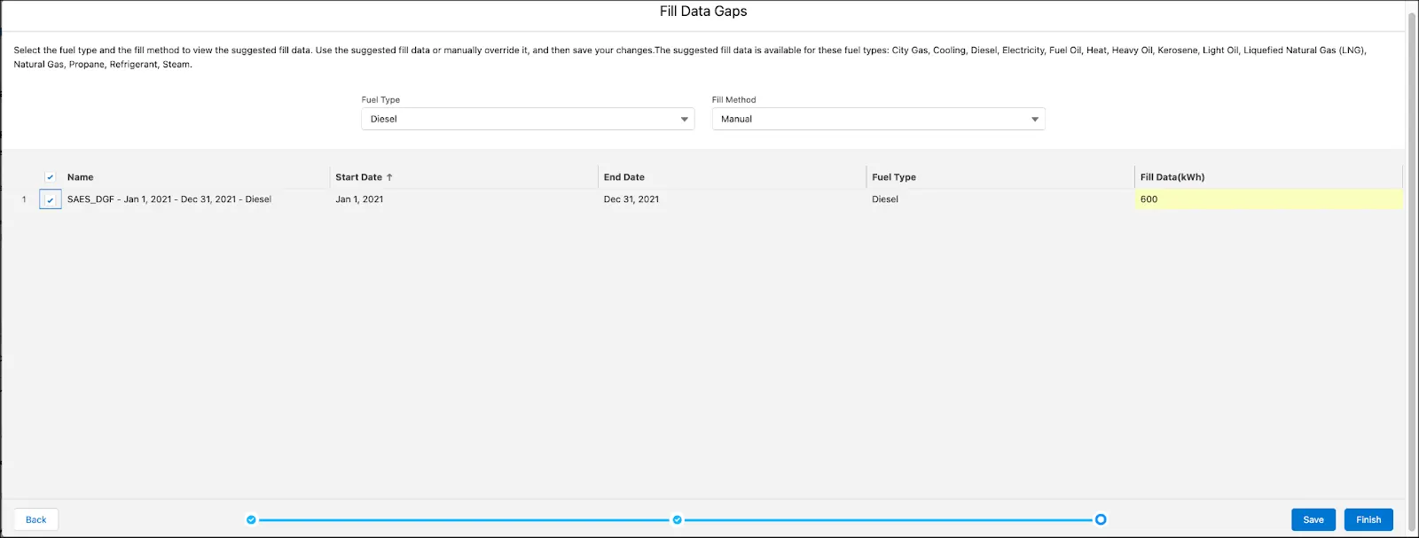 The Fill Data Gaps page showing an entry for the energy use record that will be created for the diesel fuel type.