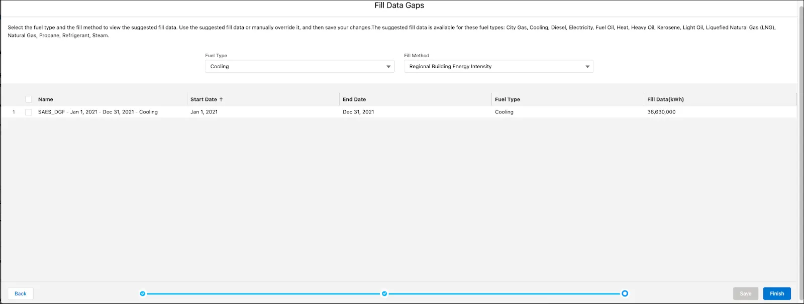 The Fill Data Gaps window showing an entry for a new energy use record to be created for cooling fuel type.