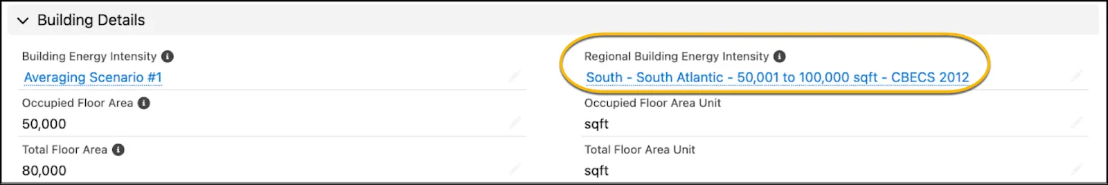 The Building Details section with the Building Energy Intensity field highlighted