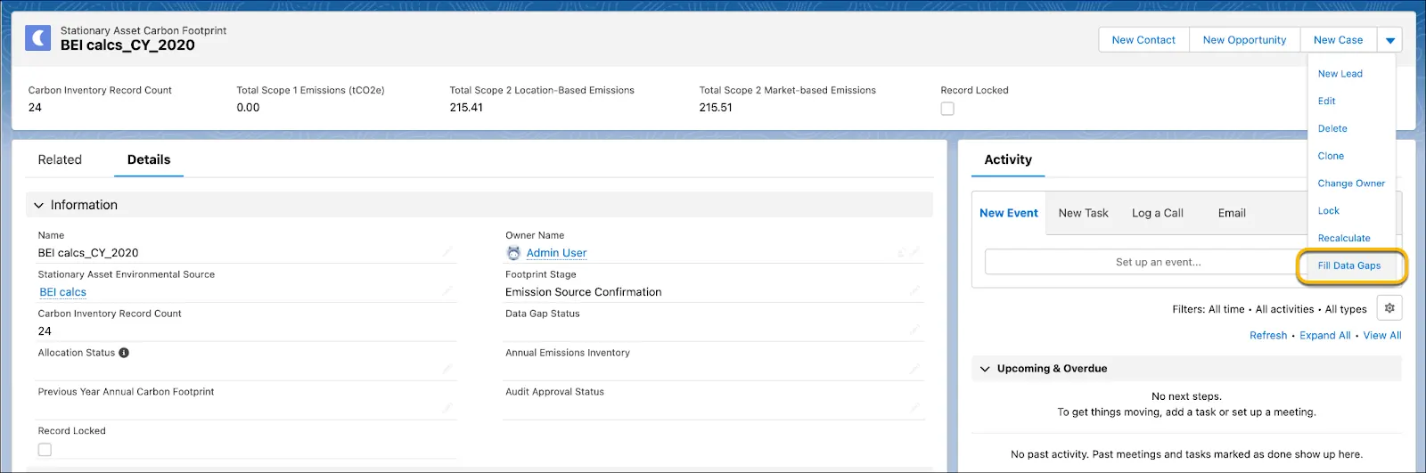 The Fill Data Gaps menu option selected from a carbon footprint record.