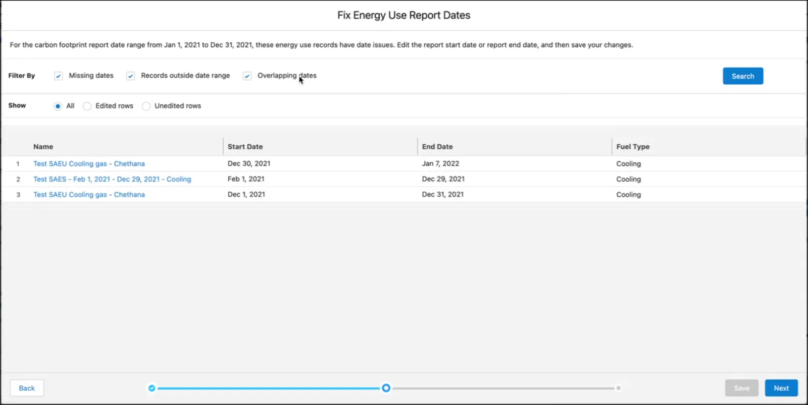 The Fix Energy Use Report Dates window showing a list of associated energy use records with date issues.