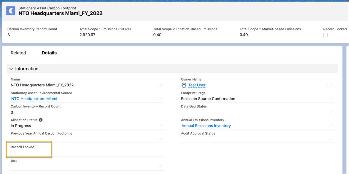 The Record Locked checkbox on a stationary asset carbon footprint record.