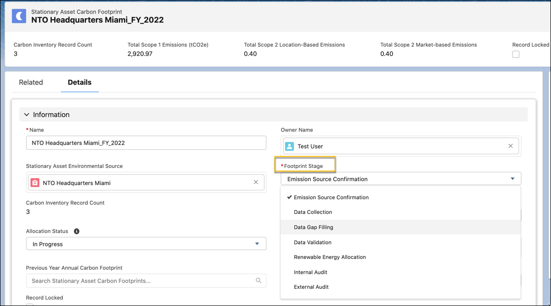 The Footprint Stage picklist on a stationary asset carbon footprint record.