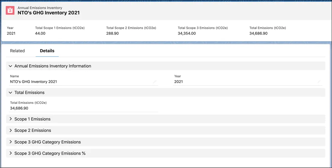 スコープ別の合計排出量が表示されている 2021 年の年間排出インベントリレコード。