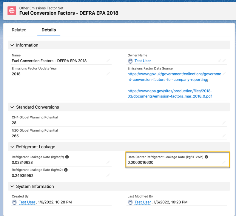 The Data Center Refrigerant Leakage Rate field on another emissions factor set record.