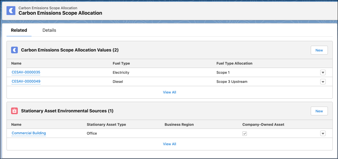 Two carbon emissions scope allocation value records associated with a carbon emissions scope allocation record showing scope definitions for electricity and diesel.