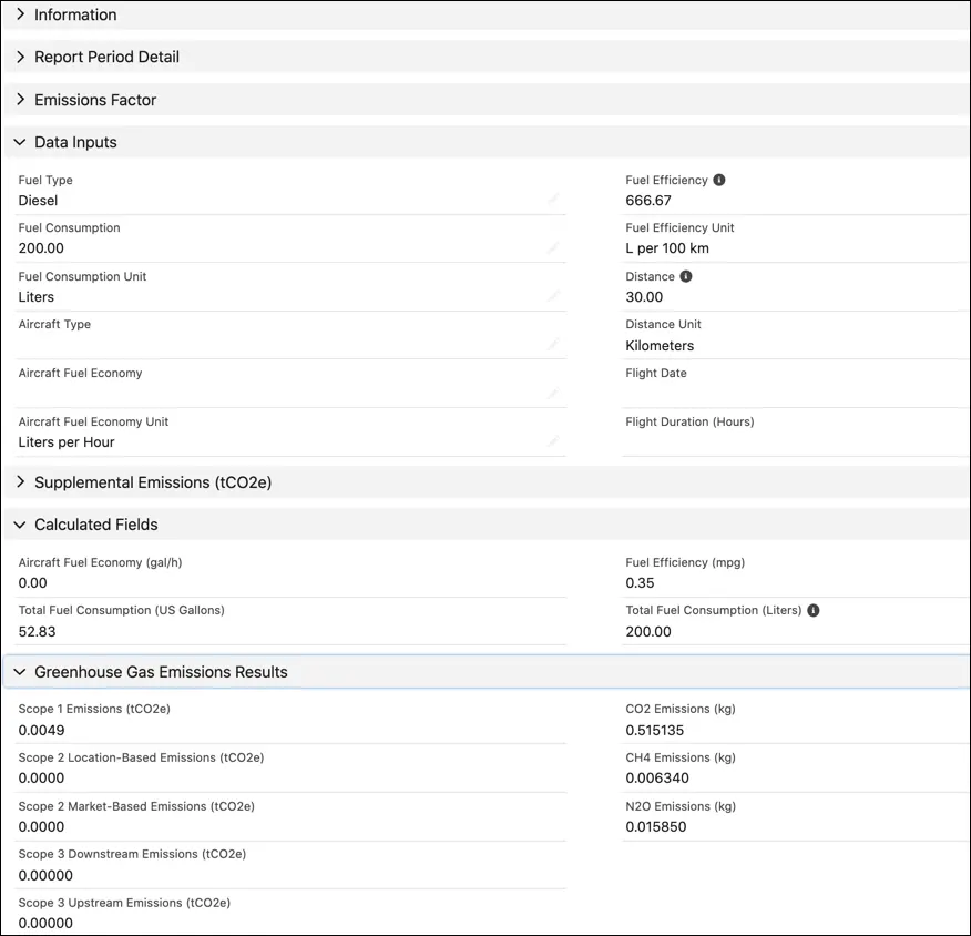 User-specified and autocalculated fields on a vehicle asset energy use record.