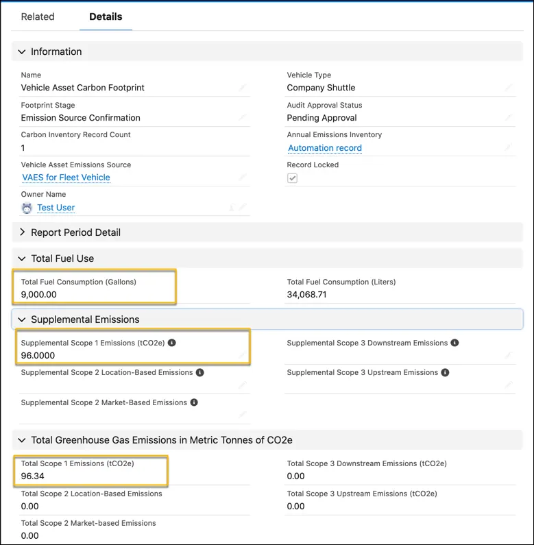 A Vehicle Asset Carbon Footprint record showing fuel consumption, supplemental emissions, and greenhouse gas emissions information for fleet vehicles.