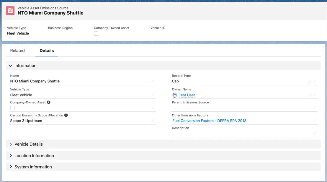 A Vehicle Asset Emissions Source record showing details of NTO Miami Company Shuttle.