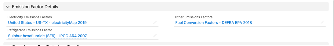 Associated emissions factors for electricity, fuel, and refrigerants on a stationary asset energy use record.