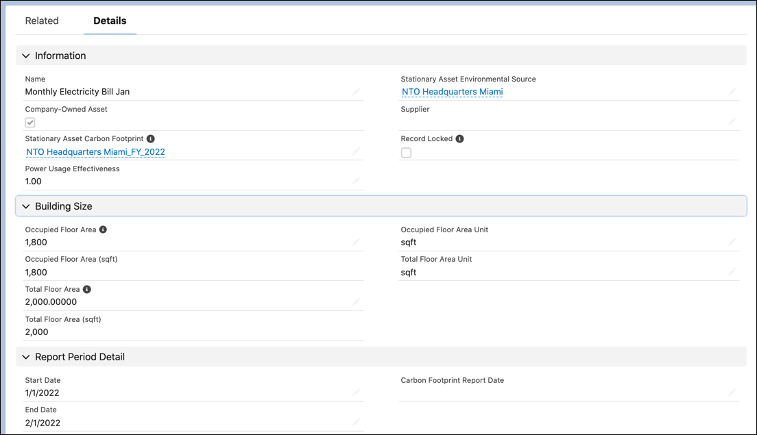 エネルギー使用量レコードの一般情報。建物の詳細、報告期間、関連する資産やカーボンフットプリントへの参照など。