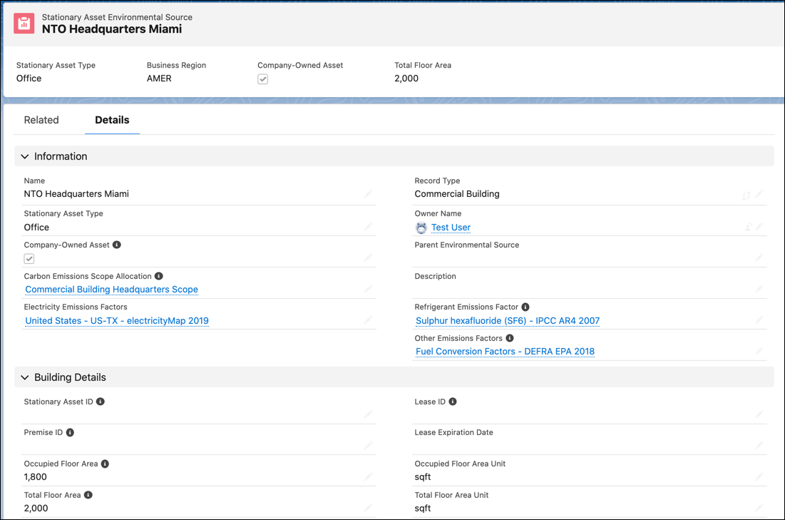 [NTO Headquarters Miami (NTO マイアミ本社)] の詳細が表示されている固定資産排出源レコード。