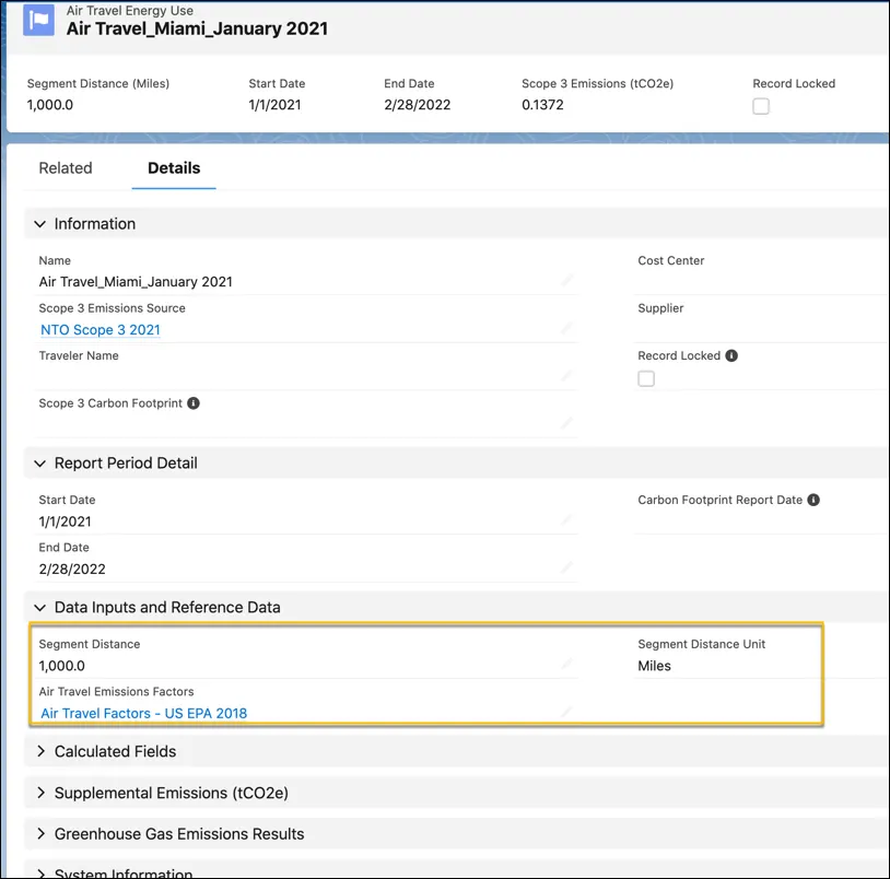 An Air Travel Energy Use record showing the fields that are filled by the user, such as segment distance, segment distance unit, and emissions factors.