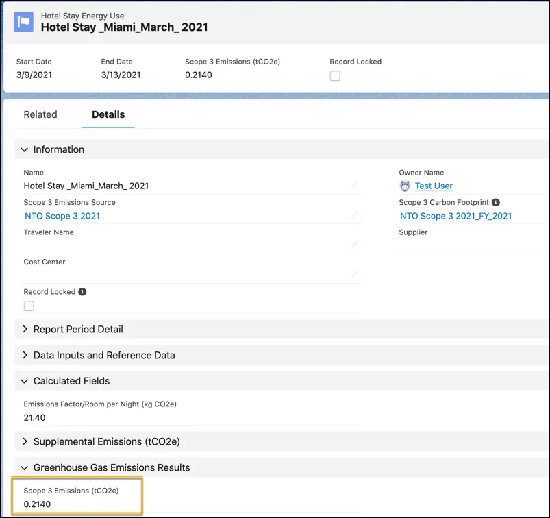 A Hotel Stay Energy Use record showing the autocalculated Scope 3 Emissions value.