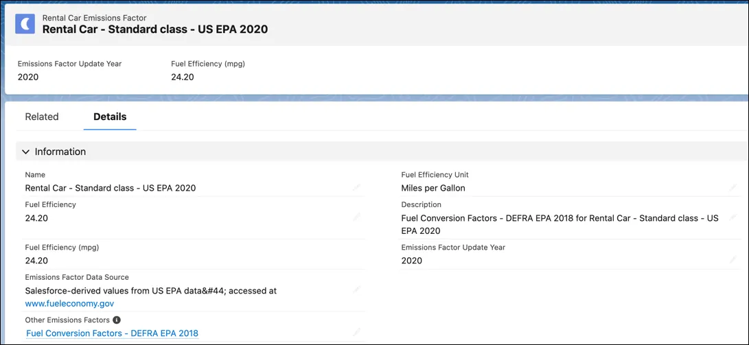 A Rental Car Emissions Factor record showing fuel efficiency, and the associated Other Emissions Factor record.