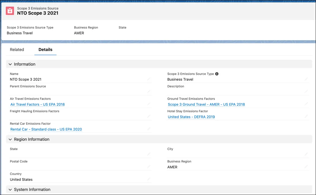 A Scope 3 Emissions Source record with associated emissions factors for business travel.