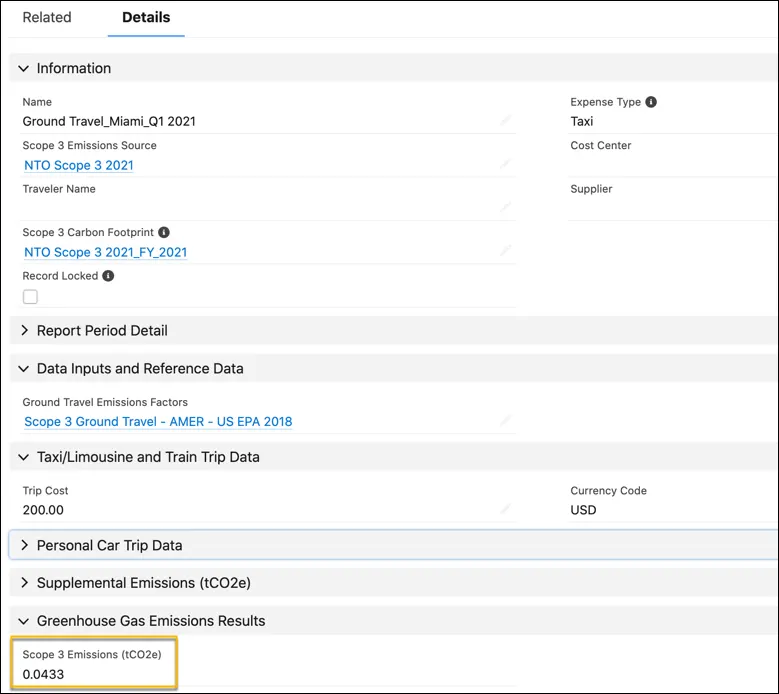 A Ground Travel Energy Use record showing user-defined data inputs and the autocalculated Scope 3 Emissions value.