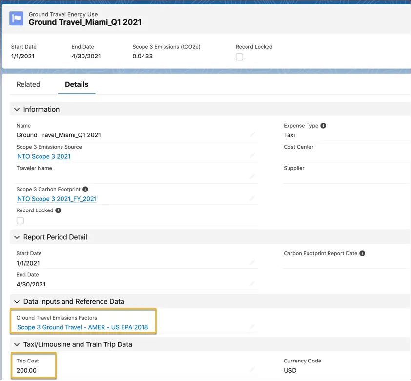 A Ground Travel Energy Use record showing the associated ground travel emissions factor record, the expense type as taxi, and the trip cost of a taxi ride.