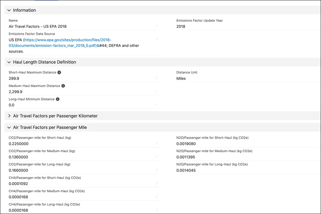 An Air Travel Emissions Factor record showing haul length distance definition, and air travel factors expressed in passenger mile and passenger kilometer.