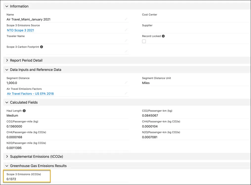 An Air Travel Energy Use record showing the calculated Scope 3 Emissions based on distance traveled, and air travel emissions factors.