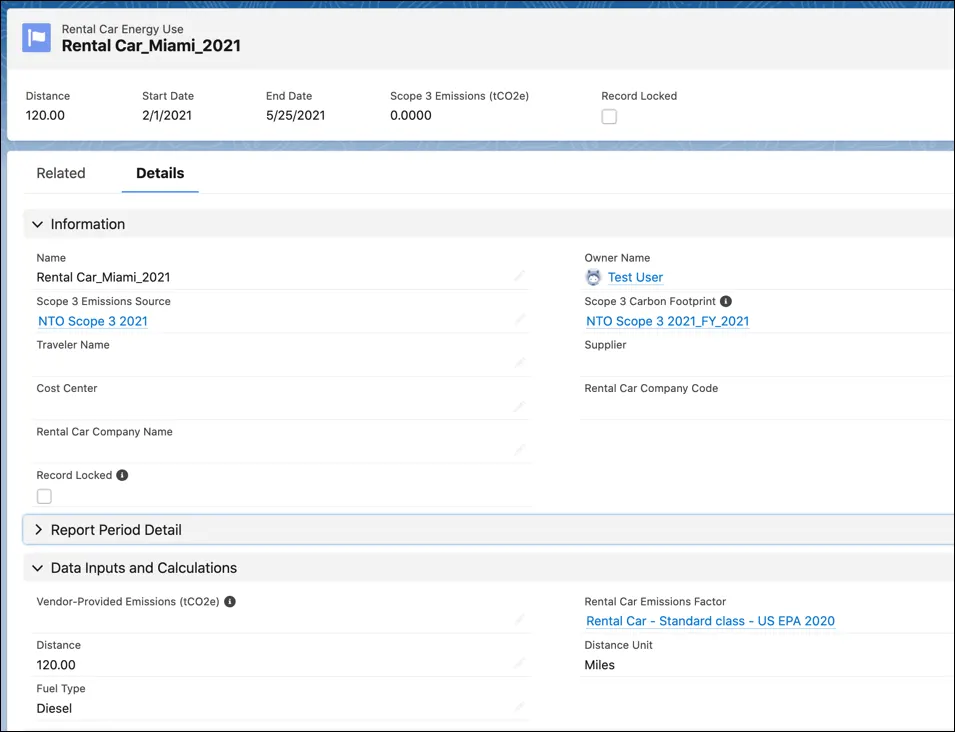 A Rental Car Energy Use record showing the associated rental car emissions factor record, distance, and fuel type.