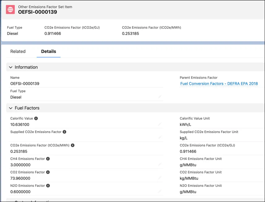 An Other Emissions Factor Set Item record showing fuel factors for fuel type Diesel.