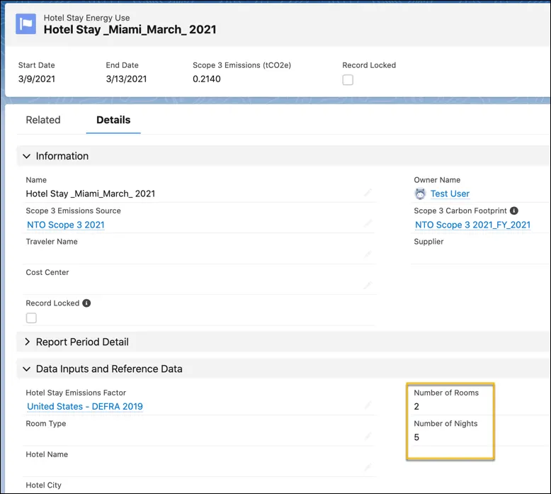 A Hotel Stay Energy Use record showing number of nights and number of rooms.