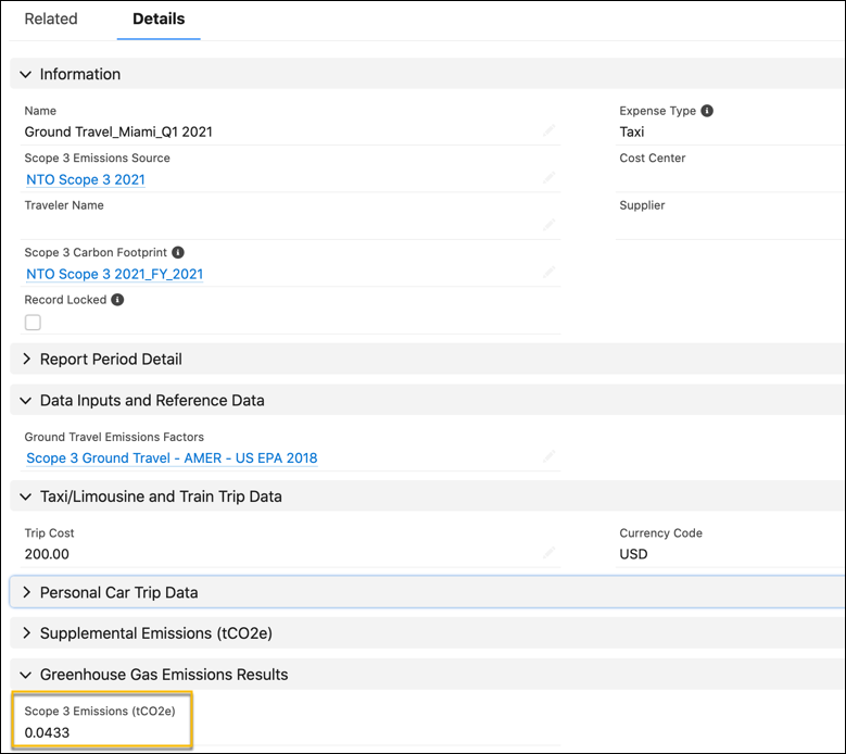 A Ground Travel Energy Use record showing user-defined data inputs and the autocalculated Scope 3 Emissions value.