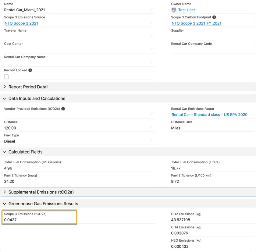 A Rental Car Energy Use record showing user-defined data inputs and the autocalculated Scope 3 Emissions value.