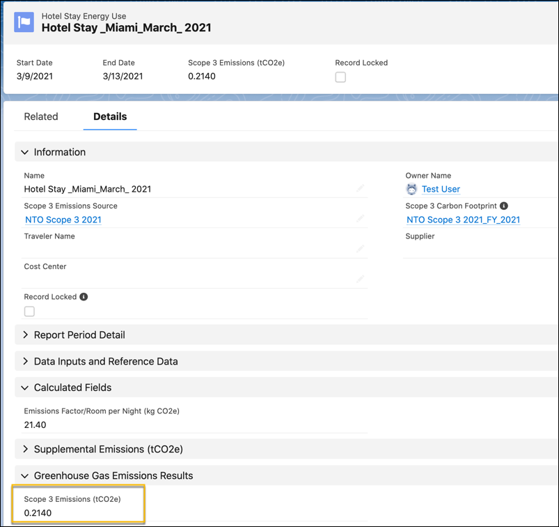 自動計算されたスコープ 3 排出量値が表示されているホテル宿泊エネルギー使用量レコード。