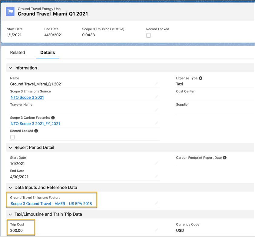 関連付けられた陸路移動時の排出係数レコード、費用種別がタクシーであること、タクシー乗車の交通費が表示されている陸路移動時のエネルギー使用量。