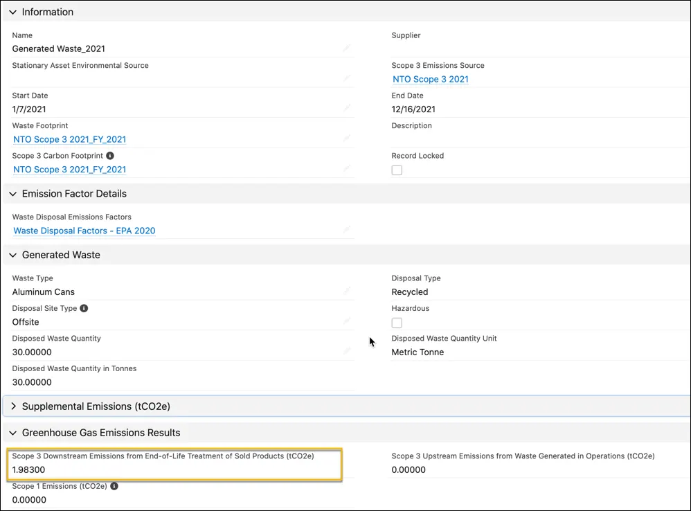 A Generated Waste record showing the autocalculated Scope 3 Downstream Emissions from End-of-Life Treatment of Sold Products value.