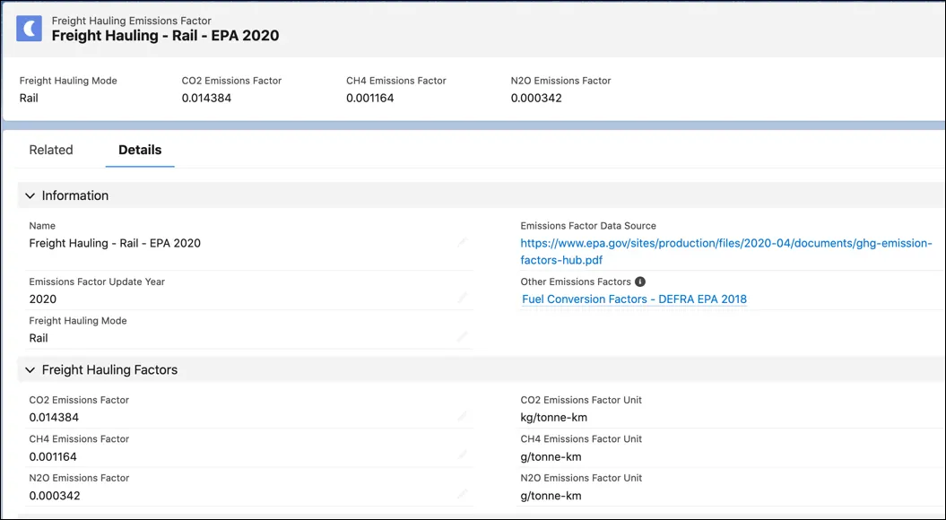 A Freight Hauling Emissions Factor record showing emissions factors for CO₂, CH₄, and N₂O, and an associated Other Emissions Factor record.